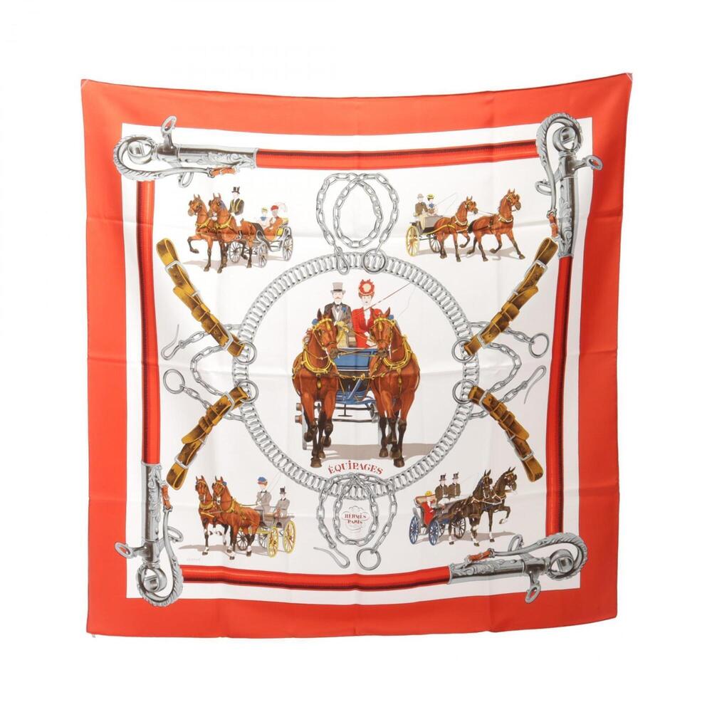 Hermes Carre 90 EQUIPAGES Scarf/Muffler, Silk, Women's, White/Red/Multicolor